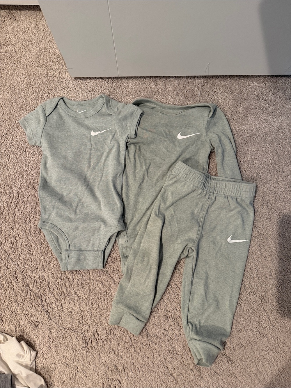 Nike Baby Three-Piece Set in Heather Sage with White Swoosh